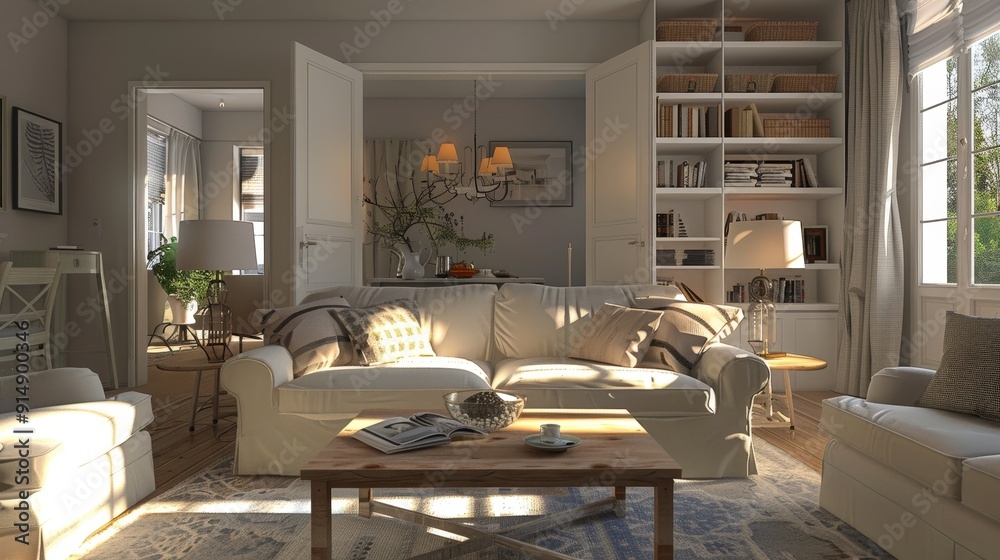 Create a 3D scene of a cozy living room. What elements, such as furniture, lighting, and decor, contribute to the warm and inviting atmosphere Create a 3D scene of a cozy living room. What elements, such as furniture, lighting, and decor, contribute to the warm and inviting atmosphere