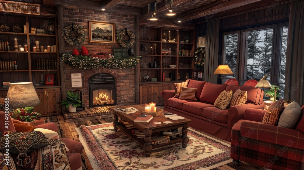 Create a 3D scene of a cozy living room. What elements, such as furniture, lighting, and decor, contribute to the warm and inviting atmosphere