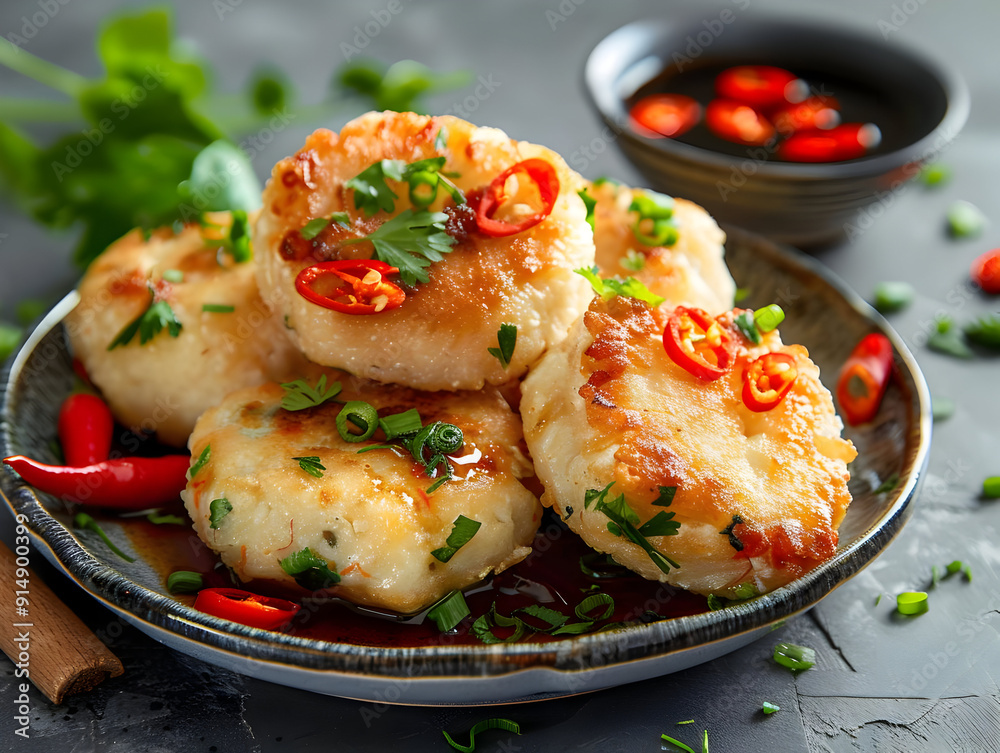 Fried Fish Cakes with Chili and Soy Sauce - Food Photography Fried Fish Cakes with Chili and Soy Sauce - Food Photography