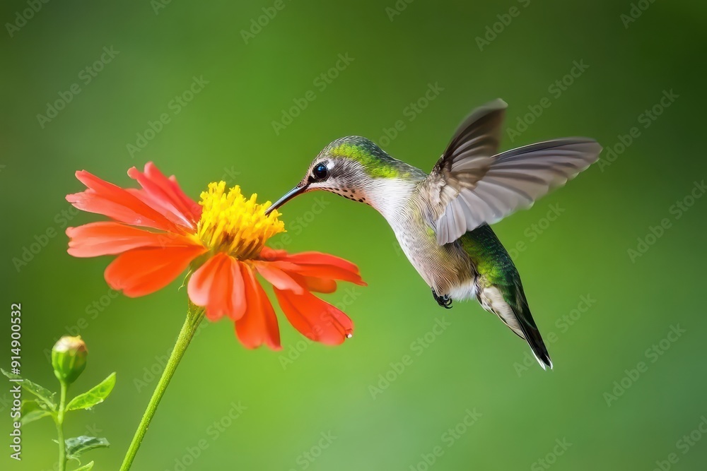 Fototapeta premium Tiny Hummingbird Drinking Nectar from a Brilliant Flower