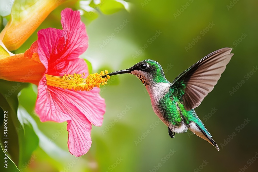 Fototapeta premium Graceful Hummingbird Feasting on Brightly Colored Blossom
