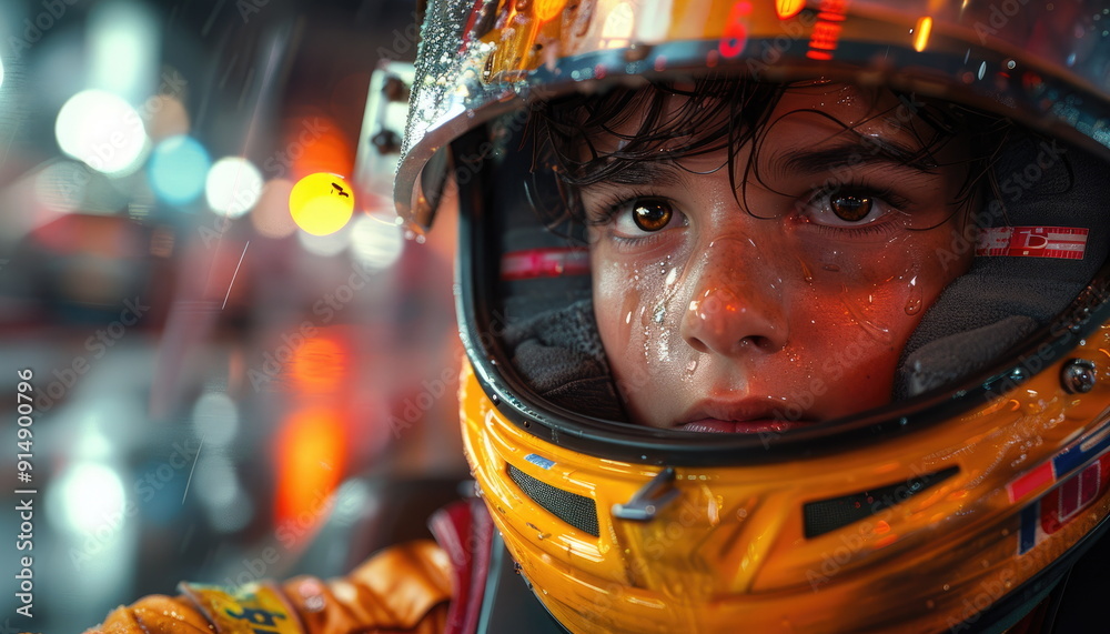 Young Racer in Helmet Under Rain Young Racer in Helmet Under Rain