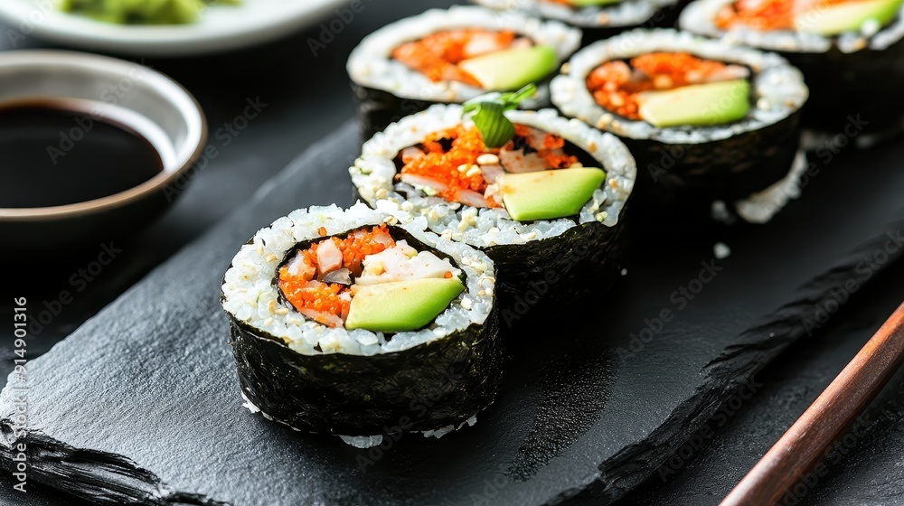 Delicious Sushi Rolls with Avocado and Crab on Slate Plate with Soy Sauce Delicious Sushi Rolls with Avocado and Crab on Slate Plate with Soy Sauce