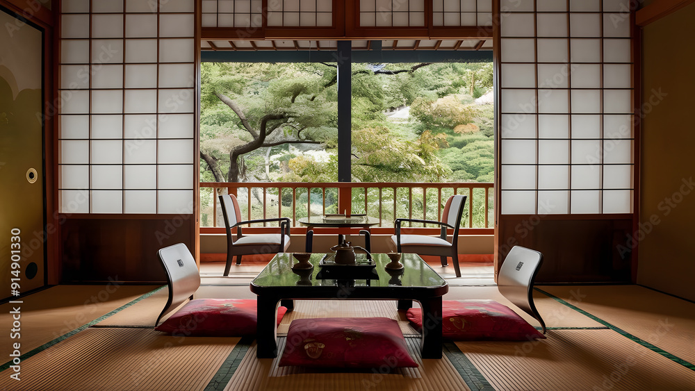 Japanese Business and Leisure Travel: Realistic Ryokan Room with Tatami and Tea Set Japanese Business and Leisure Travel: Realistic Ryokan Room with Tatami and Tea Set