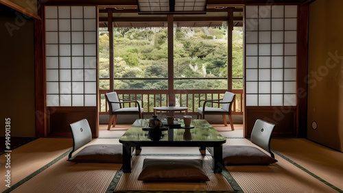 Japanese Ryokan Room: Tatami Mats, Shoji Doors, Low Table with Tea Set