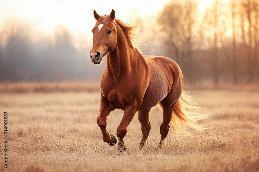 Obraz premium Majestic horse galloping through an open field at dawn