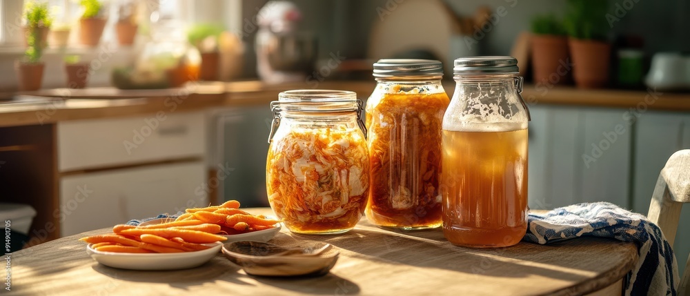 Homemade Fermented Foods in Glass Jars on a Wooden Table in a Sunlit Kitchen with Fresh Vegetables Homemade Fermented Foods in Glass Jars on a Wooden Table in a Sunlit Kitchen with Fresh Vegetables