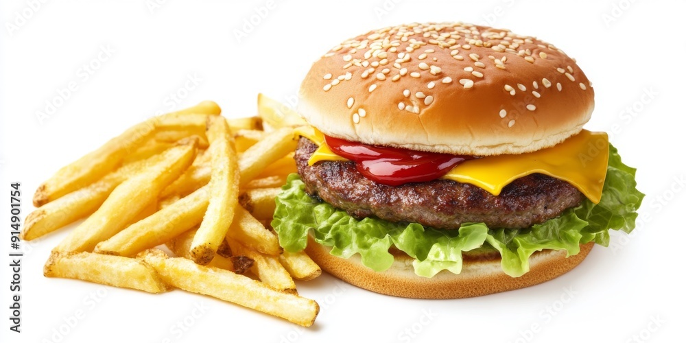 Classic Cheeseburger with Fresh Lettuce, Melted Cheese, and Tangy Ketchup, Served with Crispy Fries – Perfect for Fast Food Ads, Restaurant Menus, and Cooking Blogs Classic Cheeseburger with Fresh Lettuce, Melted Cheese, and Tangy Ketchup, Served with Crispy Fries – Perfect for Fast Food Ads, Restaurant Menus, and Cooking Blogs