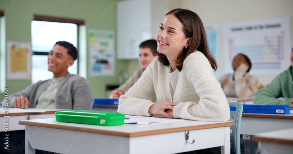 Education, happy and girl at school for class, fun lesson and positive reinforcement. Students, laugh or biology lecture in classroom with knowledge, growth or development with information for exam Education, happy and girl at school for class, fun lesson and positive reinforcement. Students, laugh or biology lecture in classroom with knowledge, growth or development with information for exam