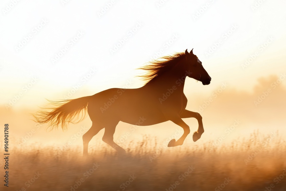 Powerful Stallion Galloping Through the Morning Mist