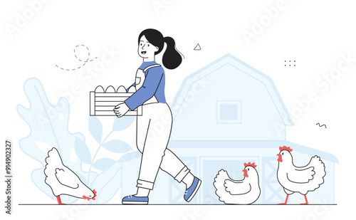 Woman at poultry farm. Young girl feeds chickens and roosters. Farmer gives food to livestock and cattle. Farming and agriculture. Linear vector illustration