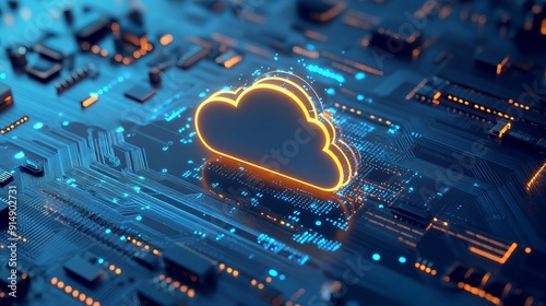 A cloud computing concept is visualized on a blue circuit board featuring a glowing cloud icon against an abstract background emphasizing technology and cloud computing innovation in a 3D