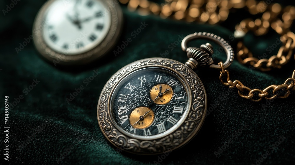 Antique Pocket Watch with Intricate Design and Gold Chain on Dark Green Velvet Background Antique Pocket Watch with Intricate Design and Gold Chain on Dark Green Velvet Background
