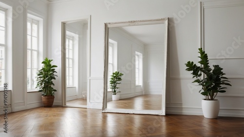 modern bathroom interior with floor | The photo shows a large mirror in a white frame standing in a room with white walls