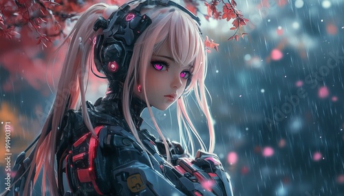 Illustration of a girl robot with a very cool design, anime robot with unique clothes, girl wearing robot clothes, robot with the main color white, cute robot