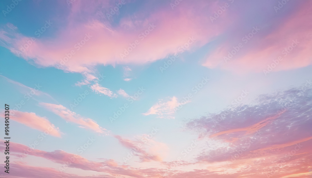 A stunning display of pastel pink and blue clouds fills the sky as the sun sets, creating a picturesque and tranquil atmosphere A stunning display of pastel pink and blue clouds fills the sky as the sun sets, creating a picturesque and tranquil atmosphere