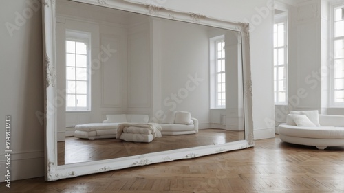 modern bathroom interior with floor | The photo shows a large mirror in a white frame standing in a room with white walls