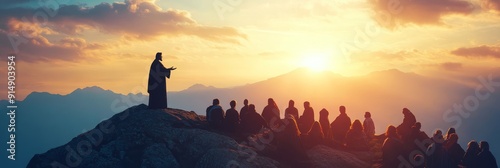 Silhouette of jesus delivering sermon on mountain top in biblical ministry and gospel teaching photo