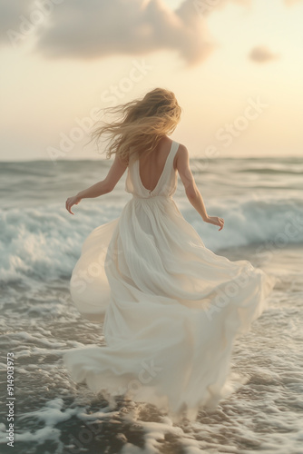 A woman in a flowing dress strolls along the sandy beach, the gentle waves lapping at her feet as the sun sets in the distance. 