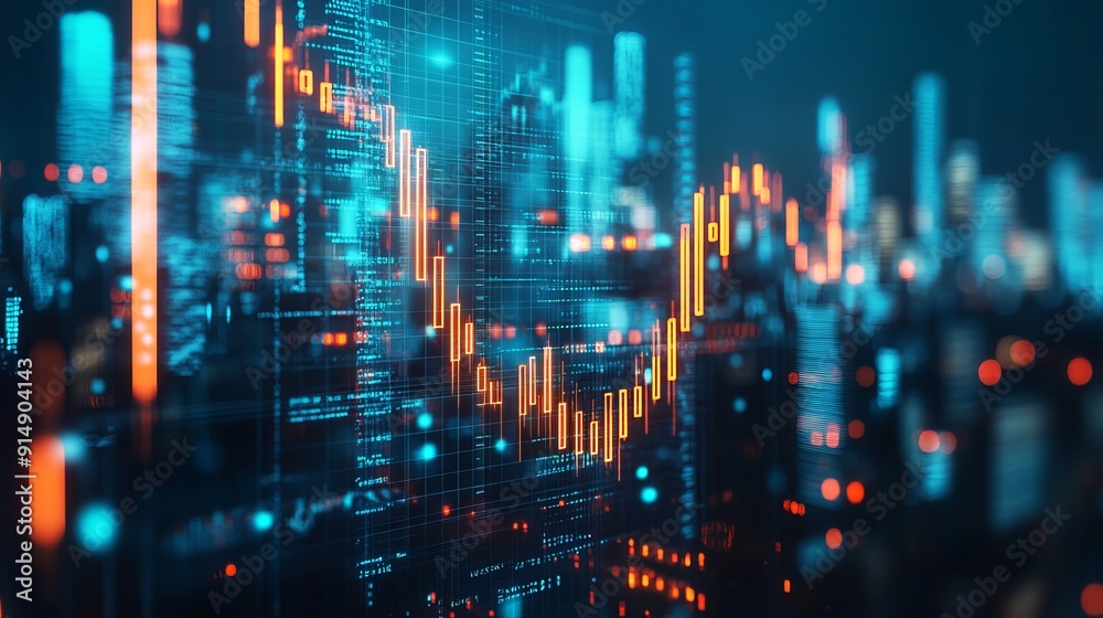 An abstract glowing big data forex candlestick chart overlays a blurry city backdrop symbolizing trade technology investment and analysis through double exposure An abstract glowing big data forex candlestick chart overlays a blurry city backdrop symbolizing trade technology investment and analysis through double exposure