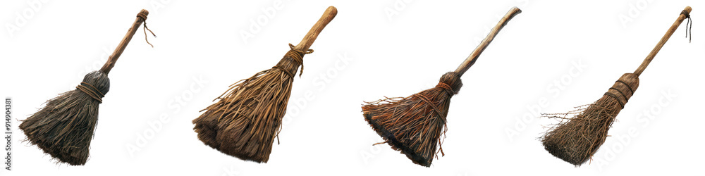 Collection of traditional brooms in different styles and colors, perfect for cleaning or rustic decor inspirations. transparent background Collection of traditional brooms in different styles and colors, perfect for cleaning or rustic decor inspirations. transparent background