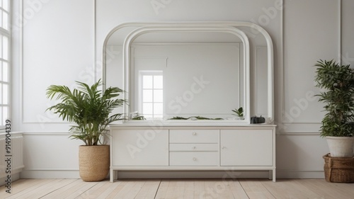modern bathroom interior with floor | The photo shows a large mirror in a white frame standing in a room with white walls