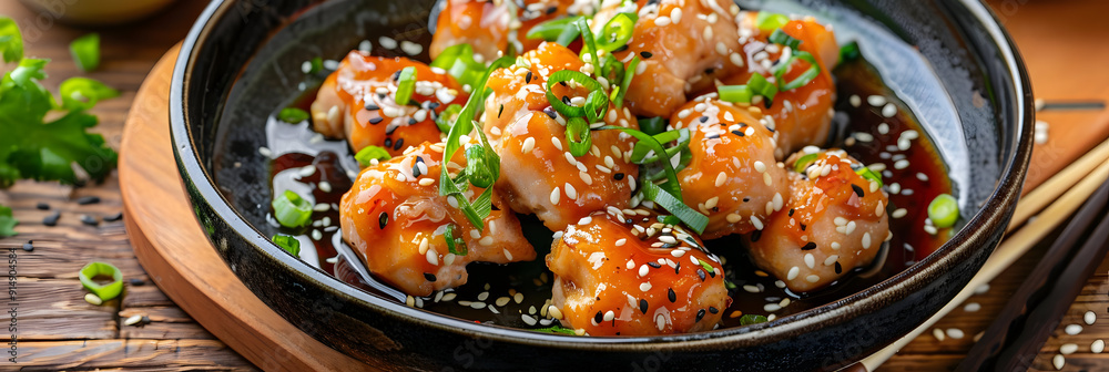 Close-Up of Teriyaki Salmon with Sesame Seeds and Green Onions in a Black Bowl - Food Photography Close-Up of Teriyaki Salmon with Sesame Seeds and Green Onions in a Black Bowl - Food Photography
