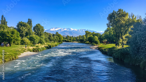 The green grassland of the distant Almaty Mountain