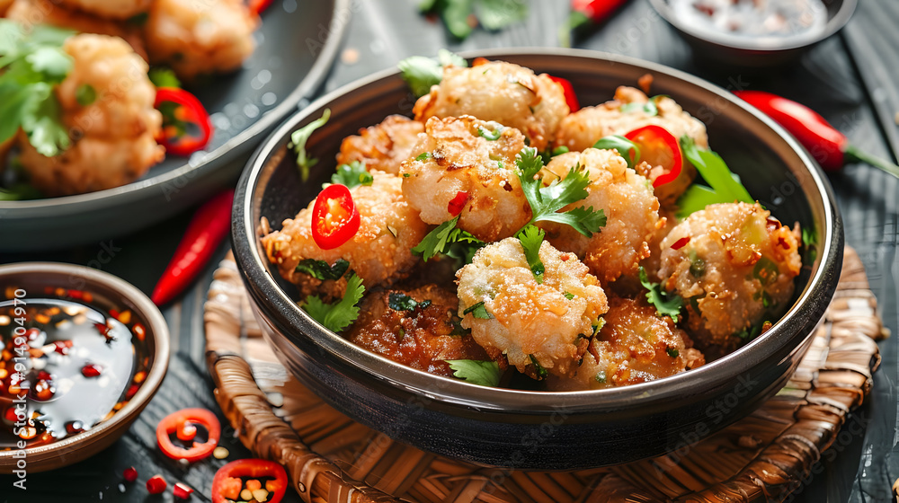Crispy Fried Shrimp Balls with Cilantro and Chili Peppers - Food Photography Crispy Fried Shrimp Balls with Cilantro and Chili Peppers - Food Photography
