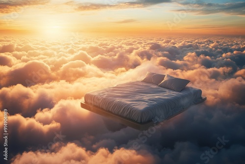 Serene Cloudscape Slumber: A Tranquil Bed Drifting Above the Clouds, Bathed in the Warm Glow of a Stunning Sunset - An Otherworldly Escape for E-commerce Advertising. photo