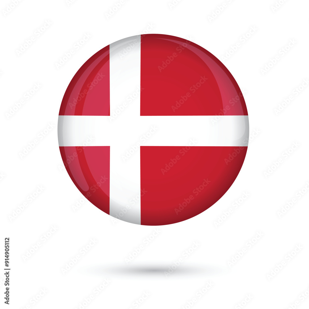 Denmark flag. Round Flag of Denmark glossy shining vector illustration isolated on white background. Official flag of Denmark for National Day independence day celebration, election web Denmark flag. Round Flag of Denmark glossy shining vector illustration isolated on white background. Official flag of Denmark for National Day independence day celebration, election web