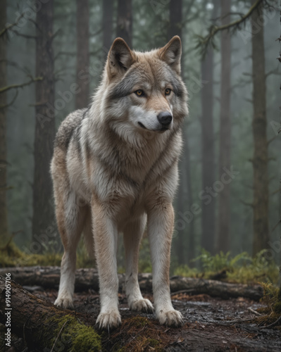 Majestic Wolf in Misty Forest