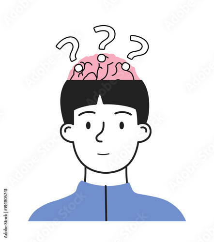 Psychological state concept. Man with question in his brain. Mental and psychological health. Pensive young guy. Social media sticker. Linear vector illustration