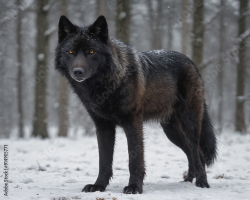 Majestic Black Wolf in Snowy Forest