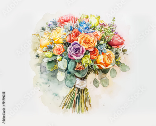A beautifully painted watercolor bouquet of the bride, a bouquet of pastel-colored flowers on a watercolor background.