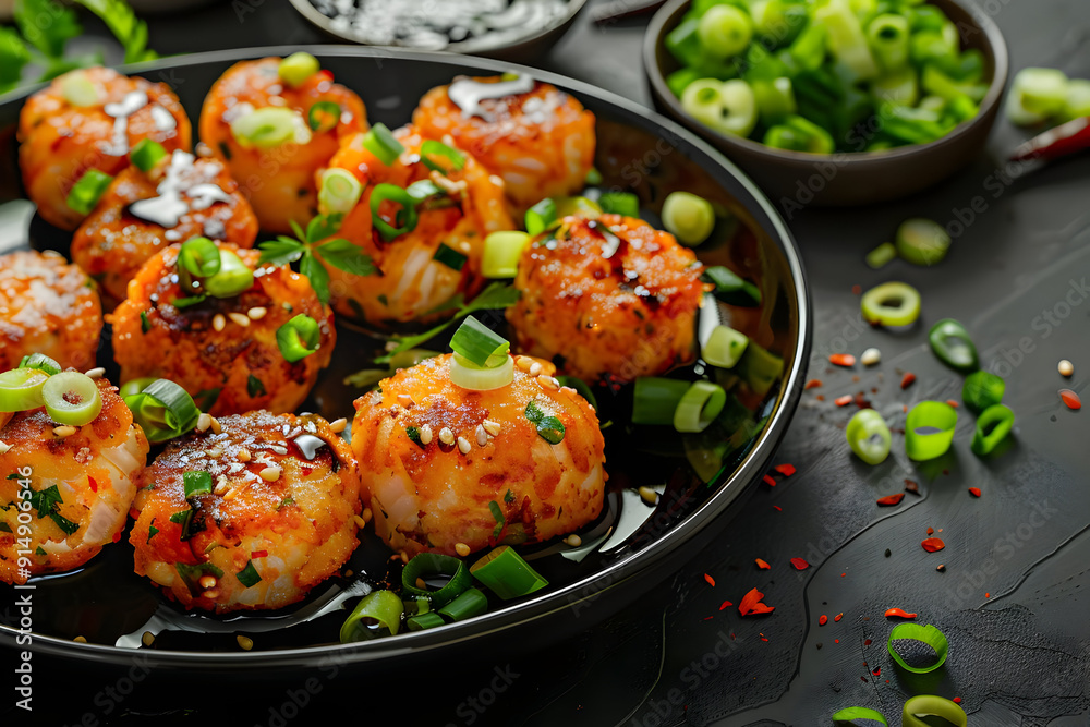 Fried Scallops with Green Onions and Sesame Seeds - Food Photography Fried Scallops with Green Onions and Sesame Seeds - Food Photography