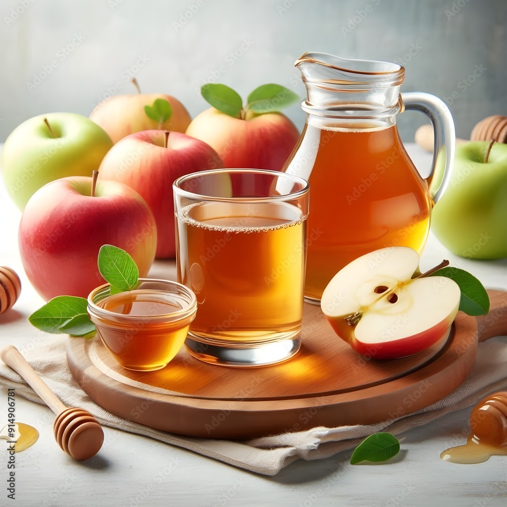 a glass of apple juice with honey beside on a white background a glass of apple juice with honey beside on a white background