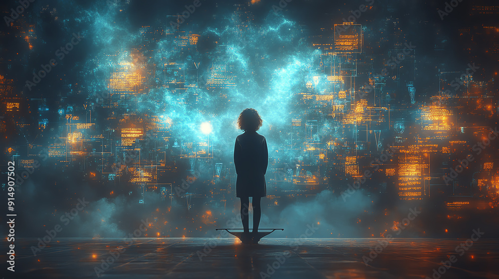 A child stands in awe before a futuristic neon landscape, embodying wonder and curiosity in a digital realm.