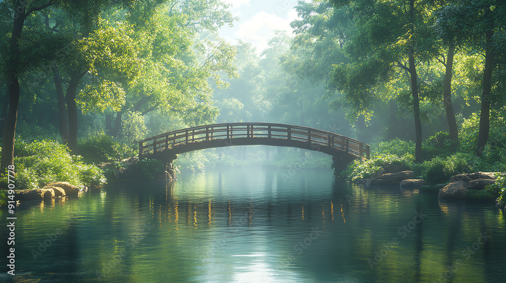A serene landscape featuring a wooden bridge over a tranquil river, surrounded by lush green trees and soft morning light. A serene landscape featuring a wooden bridge over a tranquil river, surrounded by lush green trees and soft morning light.