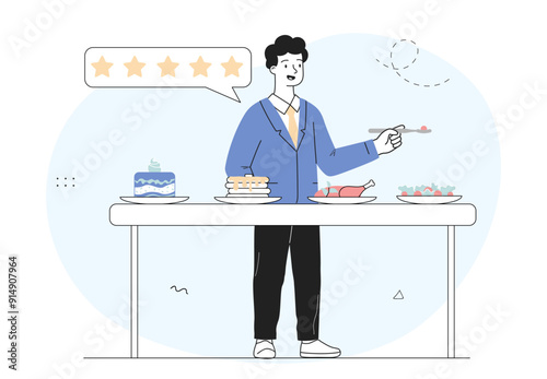 Restaurant critic man. Young guy evaluates dishes. Sommelier tries cake, pancakes, salt and chicken leg. Cafe and catering occupation. Linear vector illustration