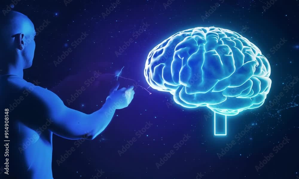 Human Interacting with a Digital Brain Illustration Human Interacting with a Digital Brain Illustration