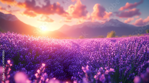 A vibrant lavender field bathed in golden sunset light, showcasing nature's beauty with mountains in the background.