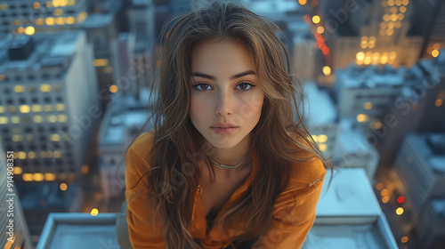 A young woman gazes thoughtfully at the camera, surrounded by a vibrant city skyline at dusk. photo