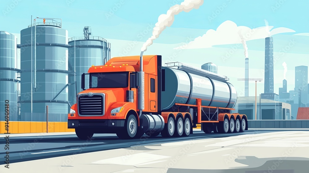 Illustration of a truck with a cistern trailer in an industrial zone Vector Illustration of a truck with a cistern trailer in an industrial zone Vector