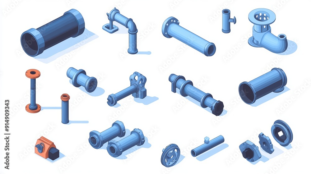 Isometric view of pipes including water tubes and a pipeline with a valve Construction of oil and gas industry tubes Plastic plumbing system 3D vector set isolated pieces of pipes Isometric view of pipes including water tubes and a pipeline with a valve Construction of oil and gas industry tubes Plastic plumbing system 3D vector set isolated pieces of pipes