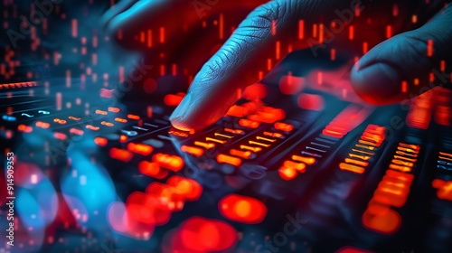 A close-up of a hand hurriedly pressing the sell button on a digital stock market interface, with multiple red arrows pointing downwards on the screen, detailed fingers and button,