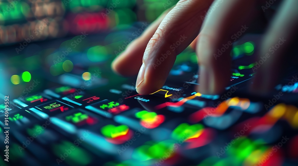 A close-up of a hand pressing the buy button on a digital stock market interface, with green stock market signals in the background, detailed fingers and button, sharp focus on the interface, A close-up of a hand pressing the buy button on a digital stock market interface, with green stock market signals in the background, detailed fingers and button, sharp focus on the interface,