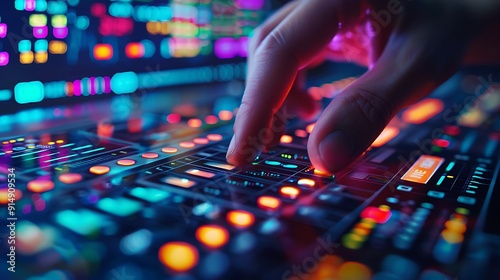 A close-up of a hand pausing above the buy button on a modern stock trading interface, with multiple stock tickers displayed in the background, fingers in focus, vivid display, realistic lighting,