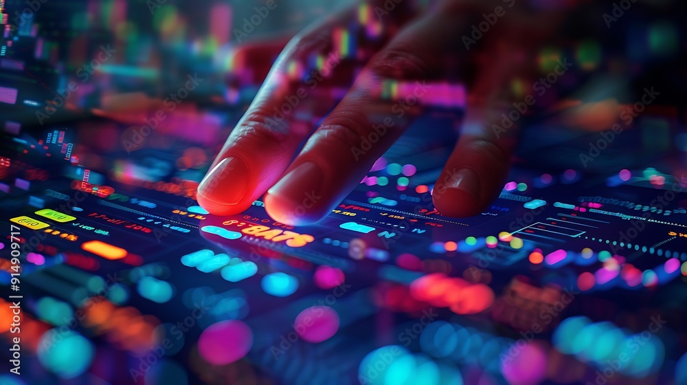 A close-up of a hand pressing the buy button on a dynamic stock market interface, with vibrant stock charts and tickers in the background, detailed fingers and button, sharp focus on the interface, A close-up of a hand pressing the buy button on a dynamic stock market interface, with vibrant stock charts and tickers in the background, detailed fingers and button, sharp focus on the interface,