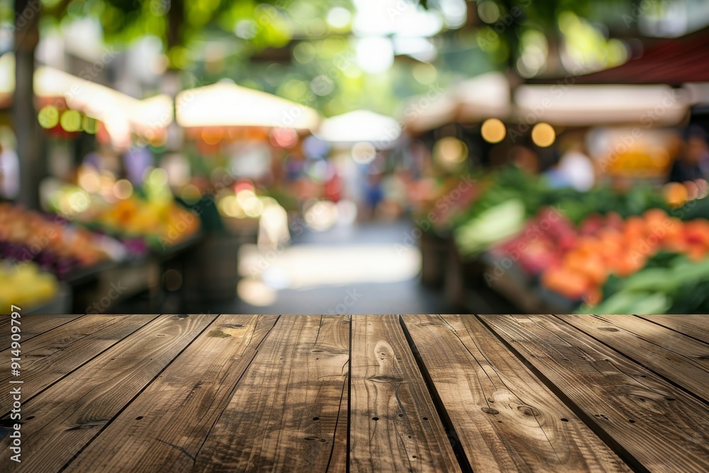 Wooden Tabletop with a Blurred Farmers Market Background